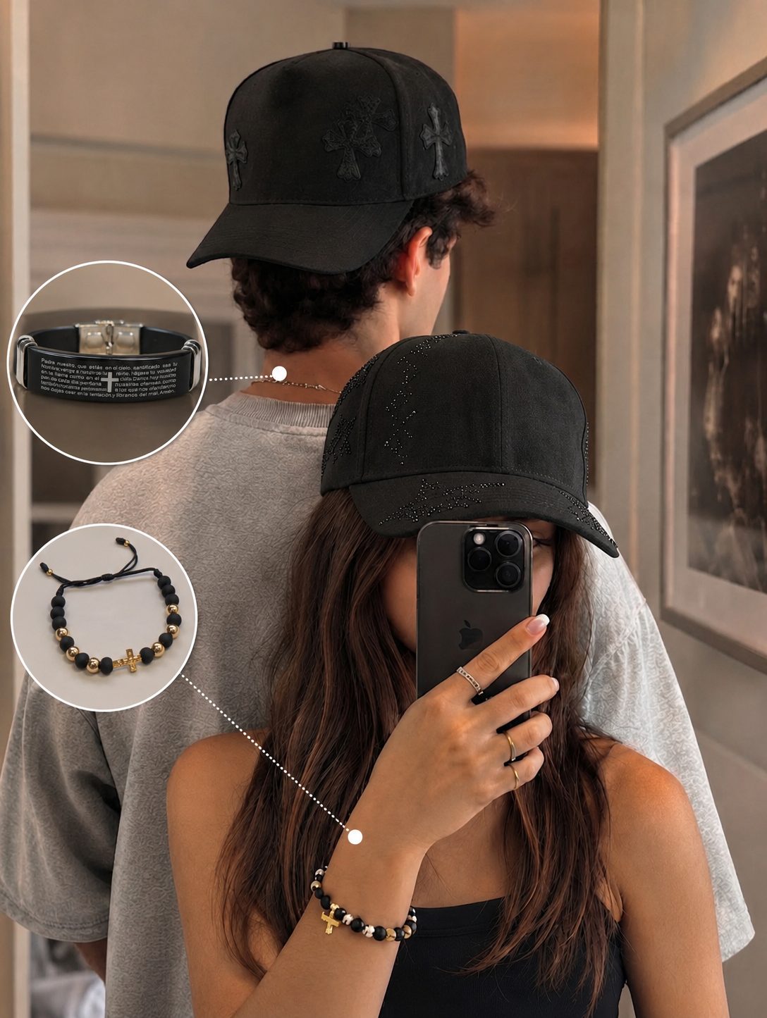 Combo Dúo Gorras Cruz y Pedrería, detalle (imagen temporal)