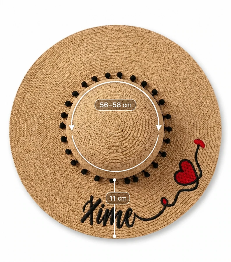 Sombrero Playero Ajustable Dama Bordado Corazón, medidas